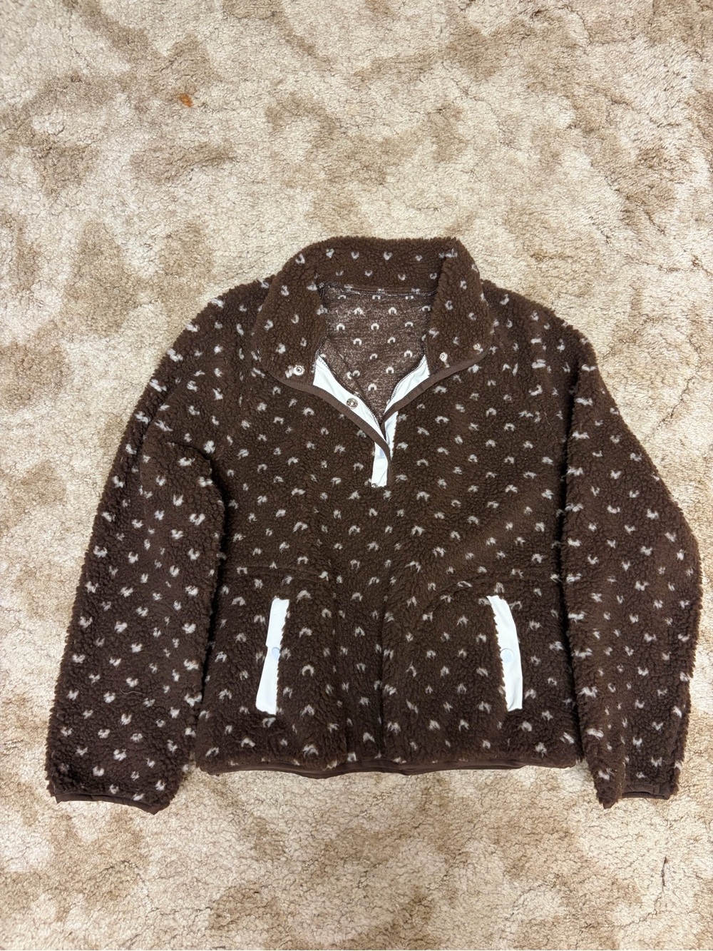 Cozy Brown Sherpa Pullover with Cream Horseshoe Print